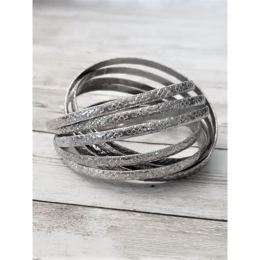 Vintage Bracelets / Bangles - Interlocking Patterned Silver Tone - Statement
